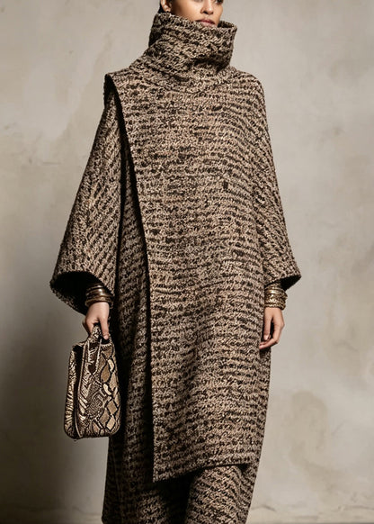 Boutique Hign Neck Cape And Coat Woolen Two Pieces Set Fall