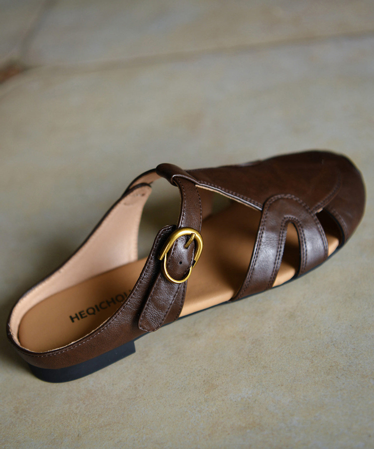 Boutique Hollow Out Chocolate Cowhide Leather Slide Sandals