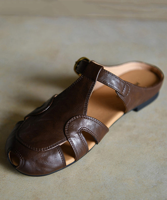 Boutique Hollow Out Chocolate Cowhide Leather Slide Sandals