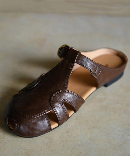Boutique Hollow Out Chocolate Cowhide Leather Slide Sandals
