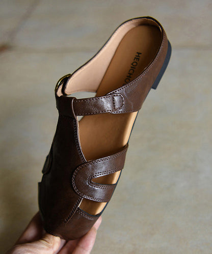Boutique Hollow Out Chocolate Cowhide Leather Slide Sandals
