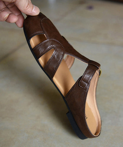 Boutique Hollow Out Chocolate Cowhide Leather Slide Sandals