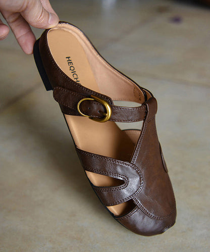 Boutique Hollow Out Chocolate Cowhide Leather Slide Sandals
