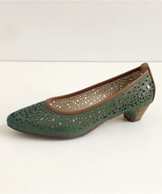 Boutique Hollow Out Chunky Sandals Green Cowhide Leather
