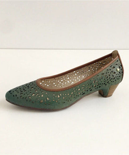 Boutique Hollow Out Chunky Sandals Green Cowhide Leather