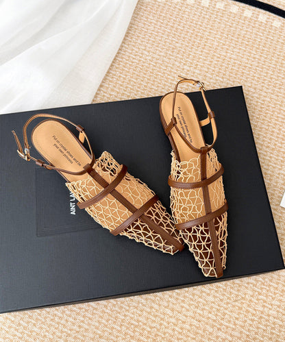 Boutique Hollow Out Splicing Chunky Sandals Brown Cowhide Leather