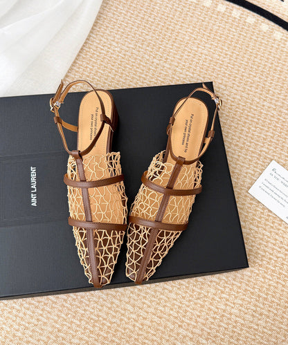 Boutique Hollow Out Splicing Chunky Sandals Brown Cowhide Leather