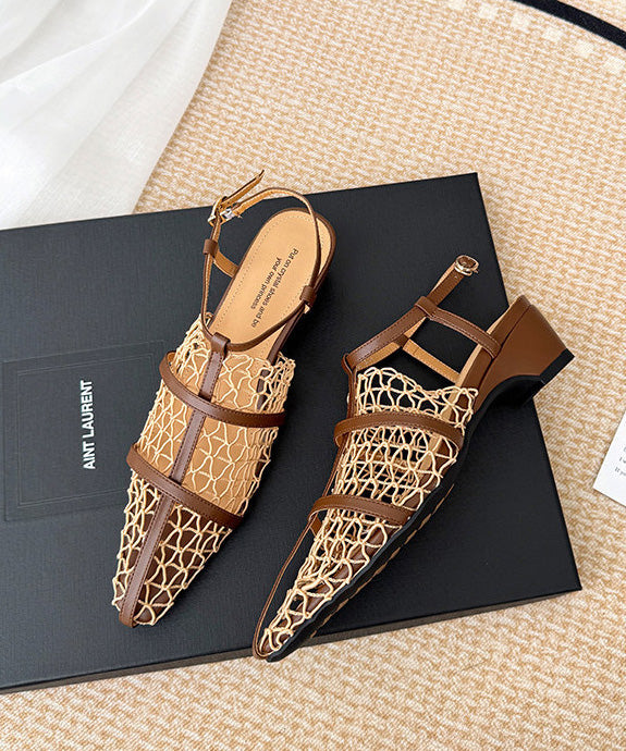 Boutique Hollow Out Splicing Chunky Sandals Brown Cowhide Leather