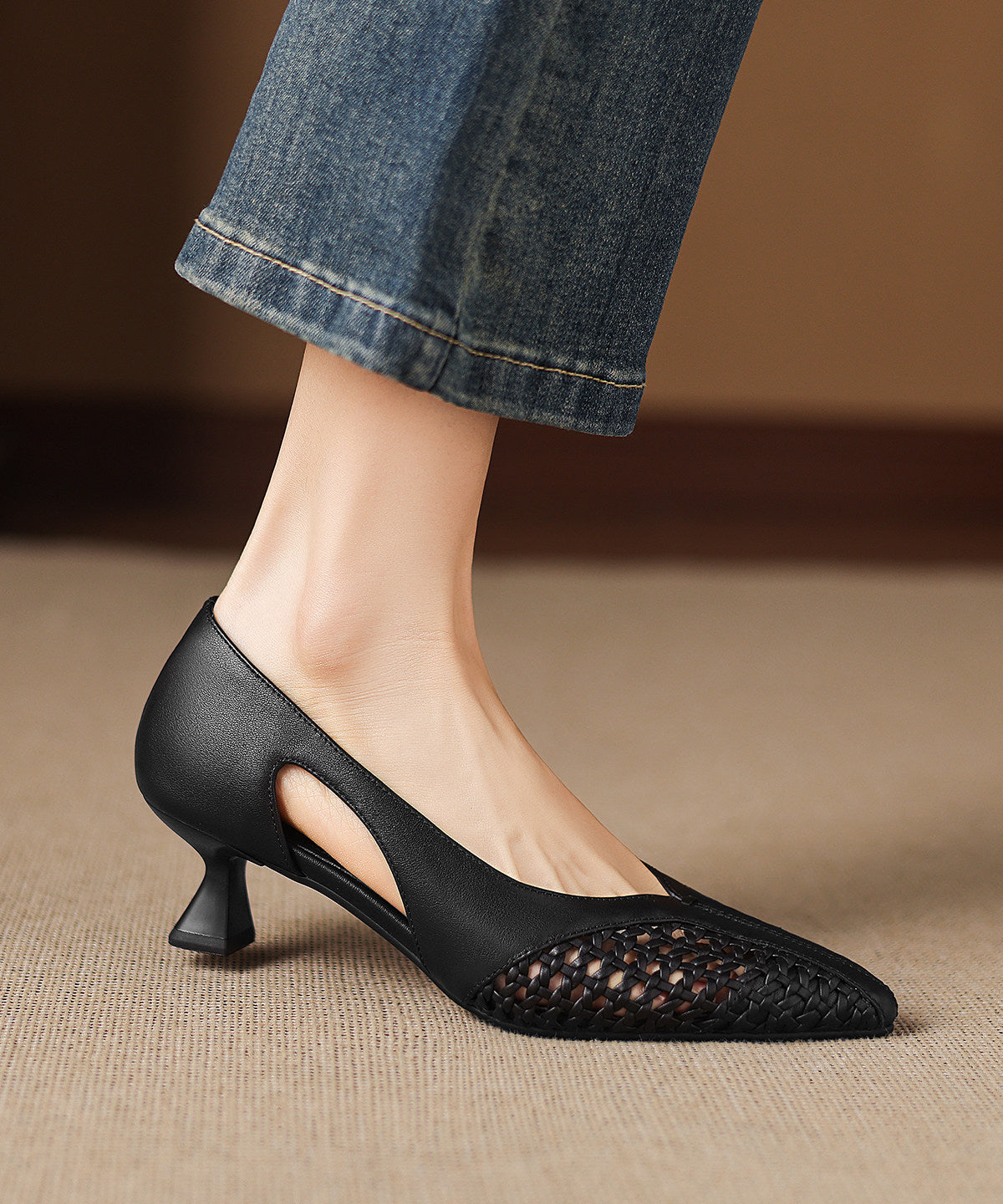 Boutique Hollow Out Splicing High Heels Black Cowhide Leather