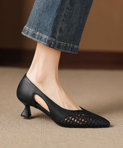 Boutique Hollow Out Splicing High Heels Black Cowhide Leather