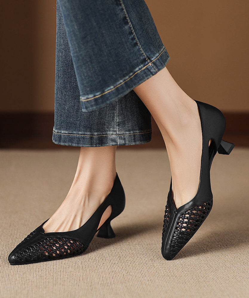 Boutique Hollow Out Splicing High Heels Black Cowhide Leather