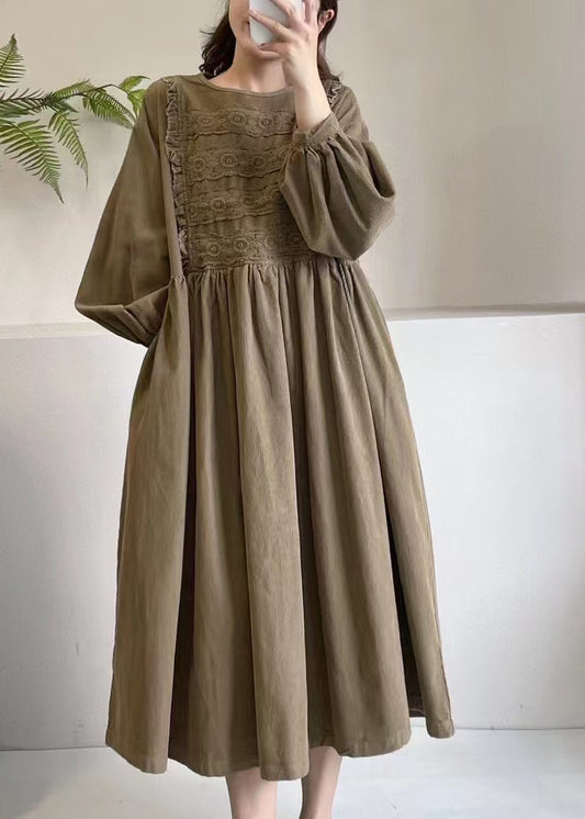 Boutique Khaki Embroidered Corduroy Maxi Dress Spring