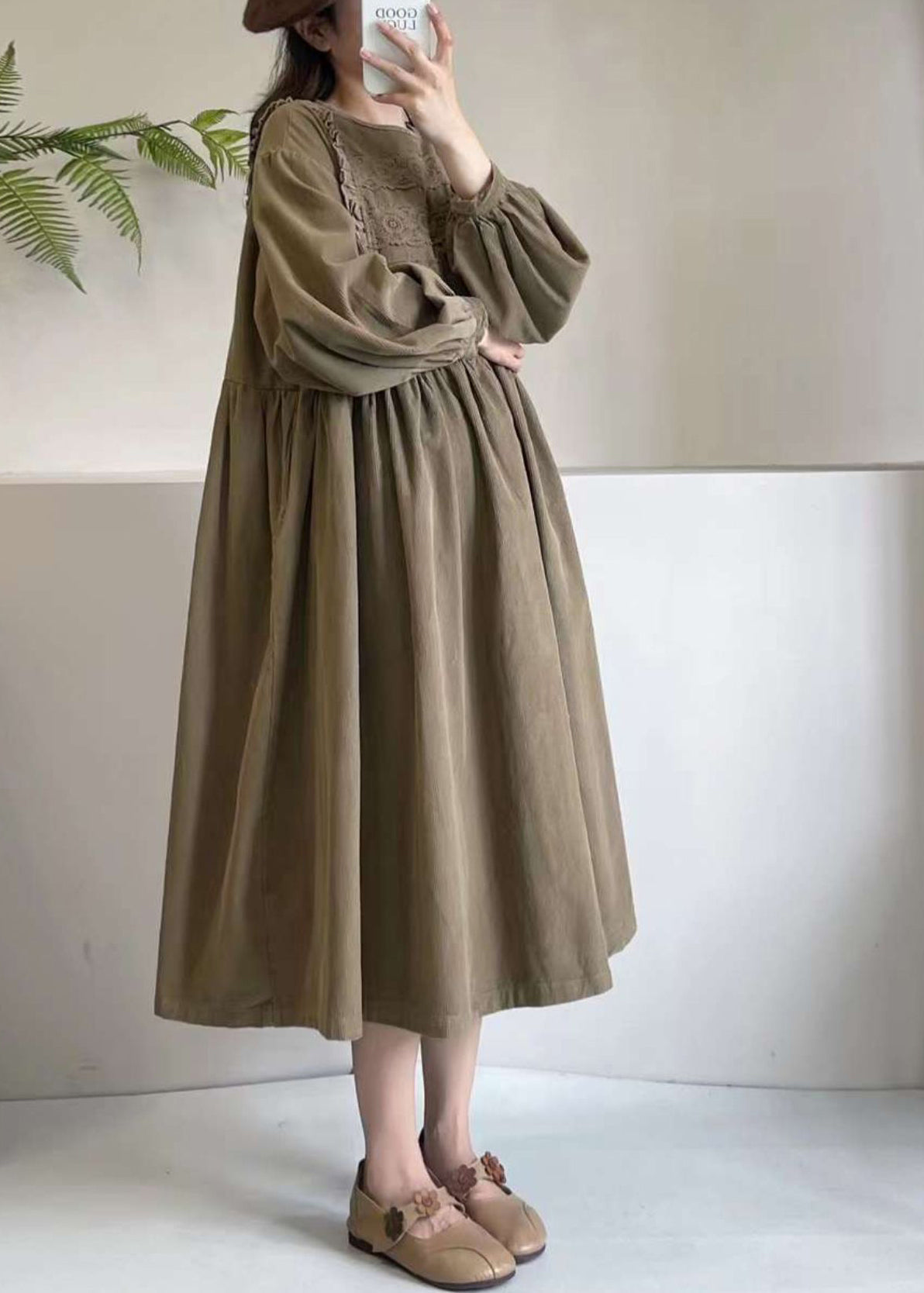 Boutique Khaki Embroidered Corduroy Maxi Dress Spring