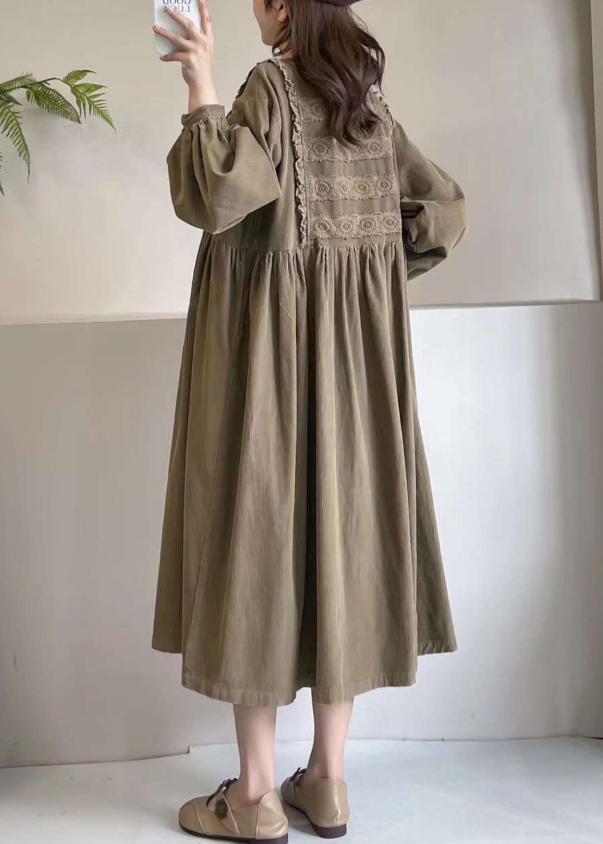 Boutique Khaki Embroidered Corduroy Maxi Dress Spring