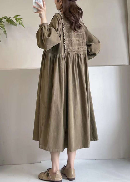 Boutique Khaki Embroidered Corduroy Maxi Dress Spring