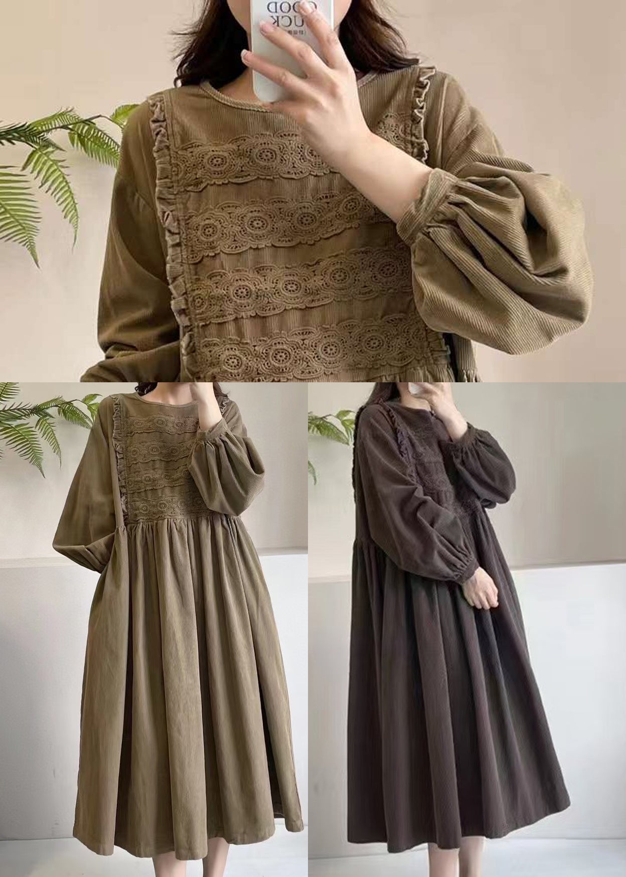 Boutique Khaki Embroidered Corduroy Maxi Dress Spring