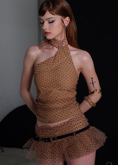 Boutique Khaki Halter Dot Print Chiffon Two Piece Suit Set Summer