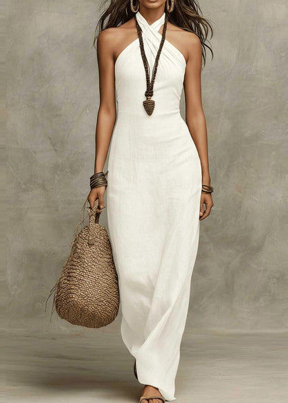 Boutique Khaki Halter Silm Fit Cotton Long Dresses Summer