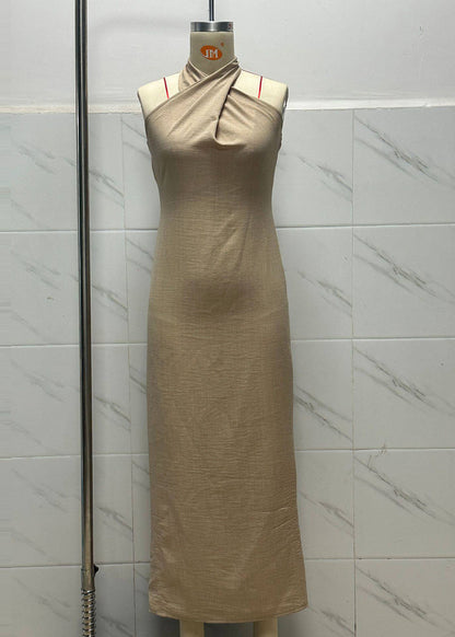 Boutique Khaki Halter Silm Fit Cotton Long Dresses Summer