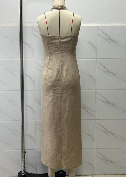 Boutique Khaki Halter Silm Fit Cotton Long Dresses Summer