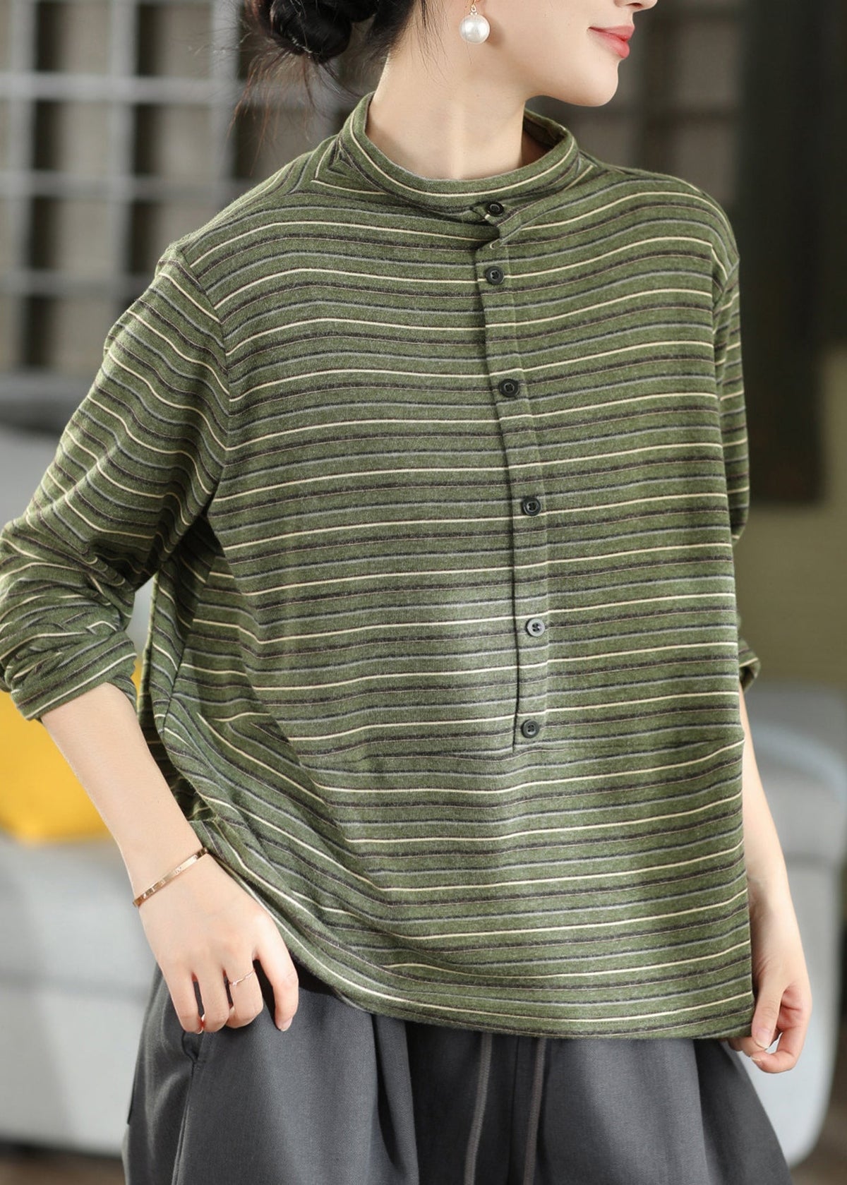 Boutique Khaki High Neck Striped Cashmere Top Fall