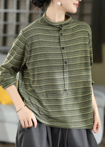 Boutique Khaki High Neck Striped Cashmere Top Fall