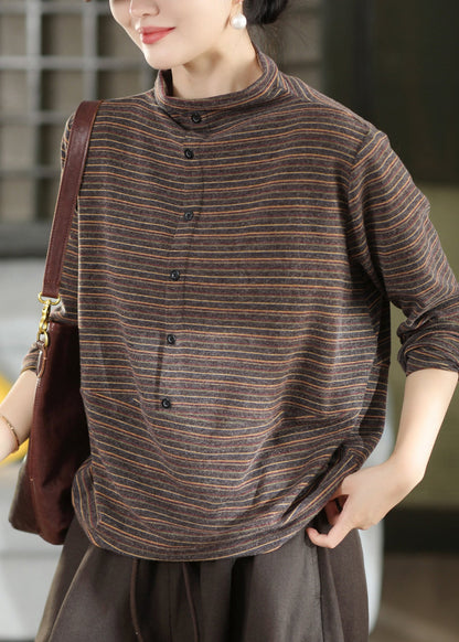 Boutique Khaki High Neck Striped Cashmere Top Fall