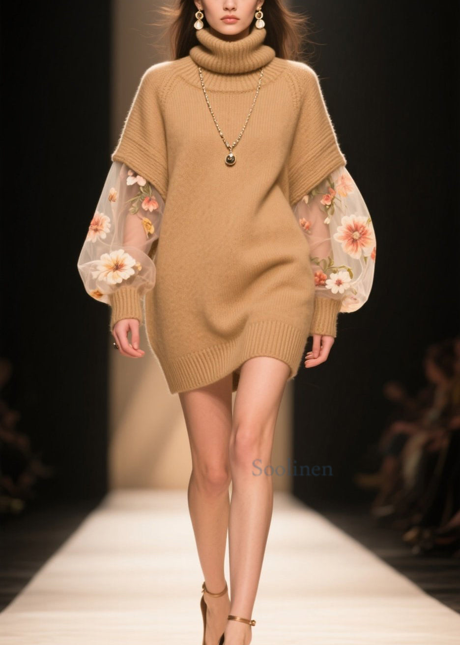 Boutique Khaki Hign Neck Tulle Patchwork Knit Sweater Dress Winter