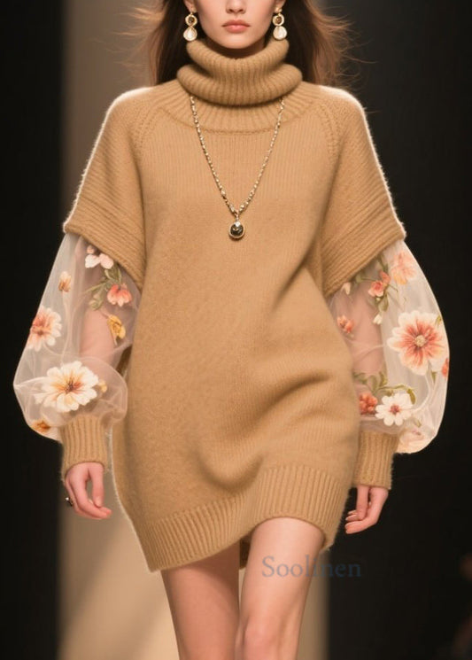 Boutique Khaki Hign Neck Tulle Patchwork Knit Sweater Dress Winter