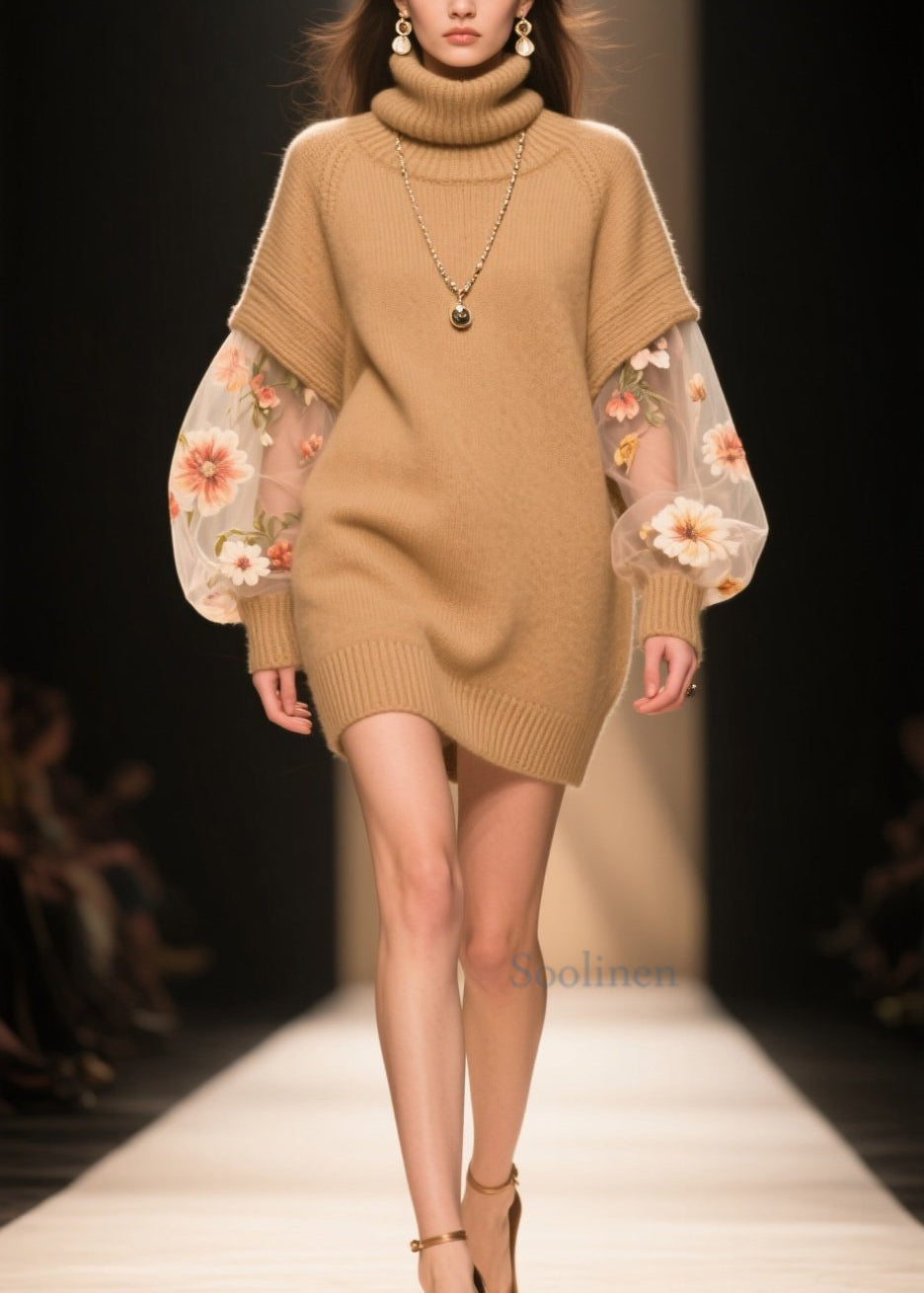 Boutique Khaki Hign Neck Tulle Patchwork Knit Sweater Dress Winter