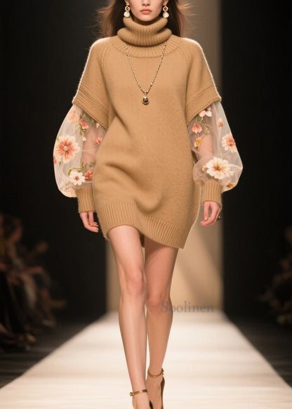 Boutique Khaki Hign Neck Tulle Patchwork Knit Sweater Dress Winter