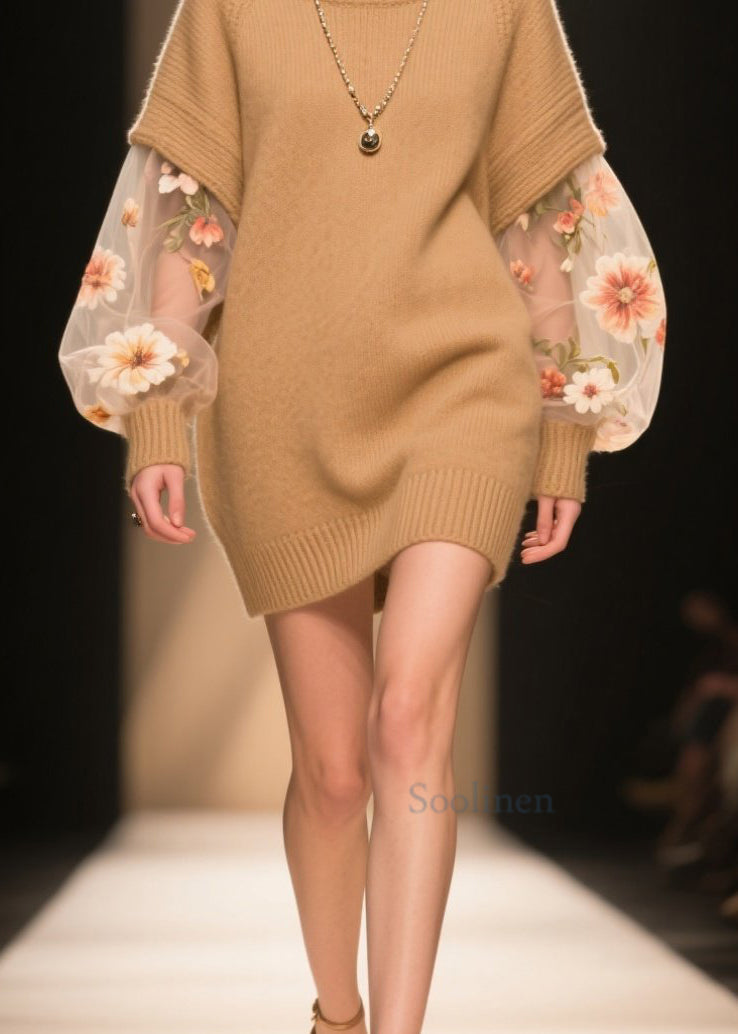 Boutique Khaki Hign Neck Tulle Patchwork Knit Sweater Dress Winter