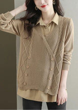 Load image into Gallery viewer, Boutique Khaki Oversized Patchwork Knit Fake Two Piece Tops Fall
