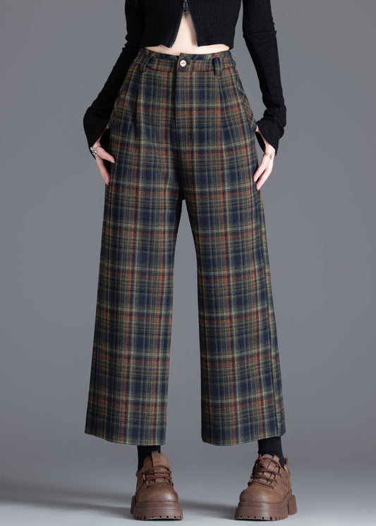 Boutique Khaki Oversized Plaid Woolen Crop Pants Trousers Spring