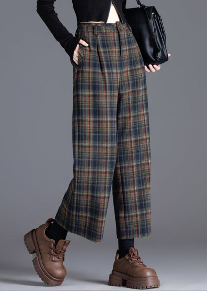 Boutique Khaki Oversized Plaid Woolen Crop Pants Trousers Spring