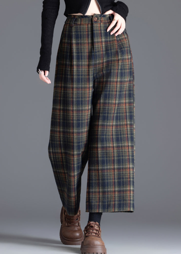 Boutique Khaki Oversized Plaid Woolen Crop Pants Trousers Spring