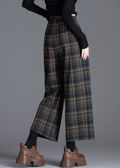 Boutique Khaki Oversized Plaid Woolen Crop Pants Trousers Spring