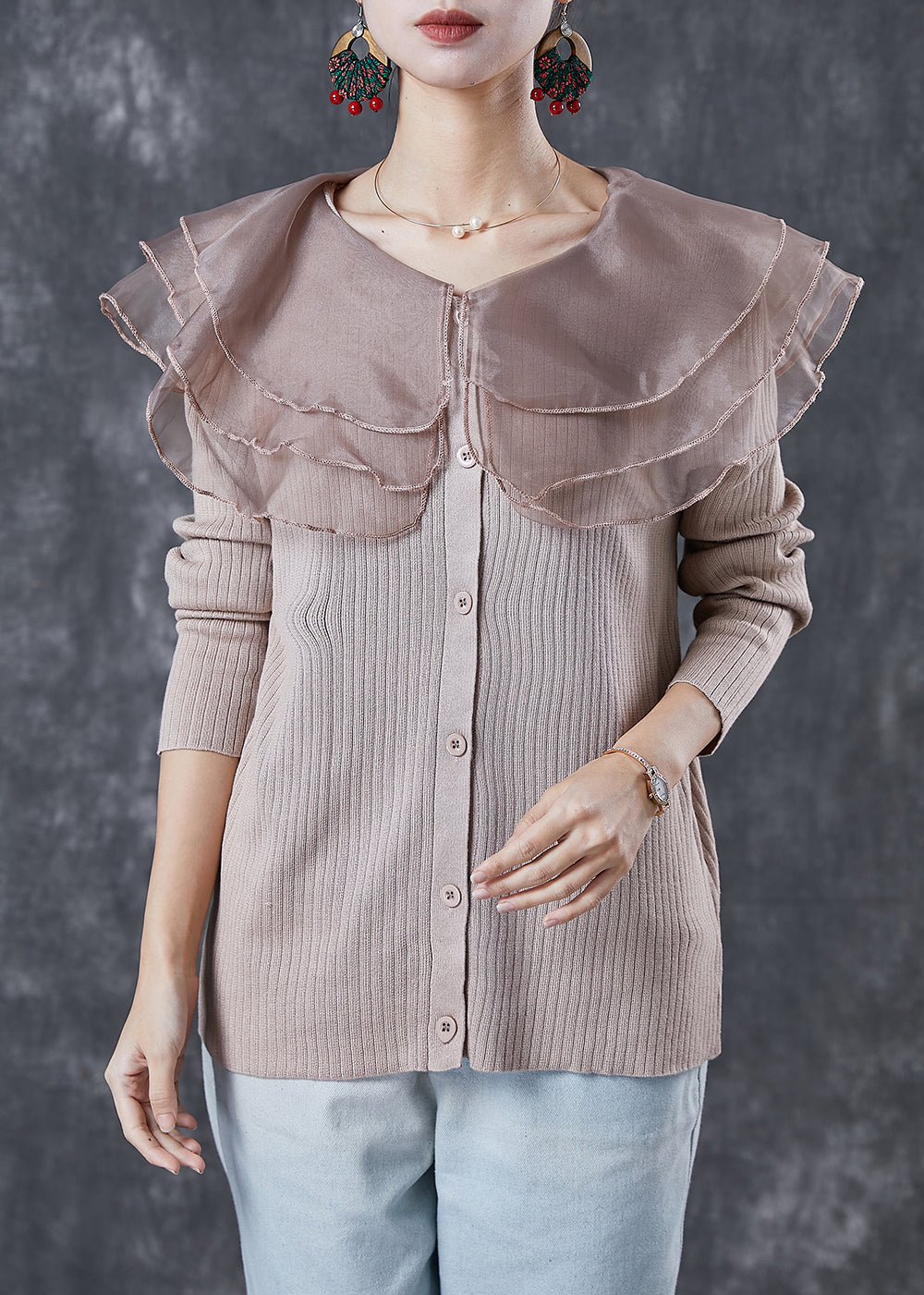 Boutique Khaki Peter Pan Collar Button Knit Pullover Spring