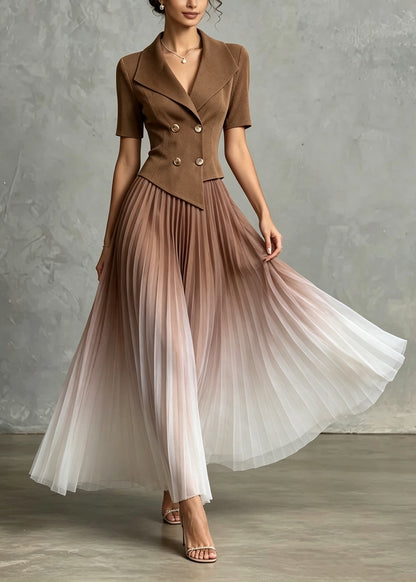 Boutique Khaki Peter Pan Collar Tulle Patchwork Knit Long Dresses Summer