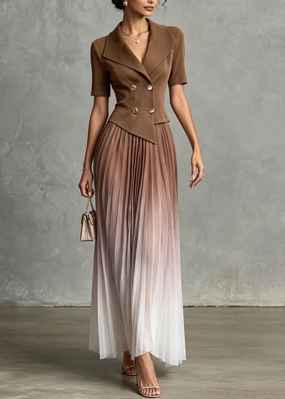 Boutique Khaki Peter Pan Collar Tulle Patchwork Knit Long Dresses Summer