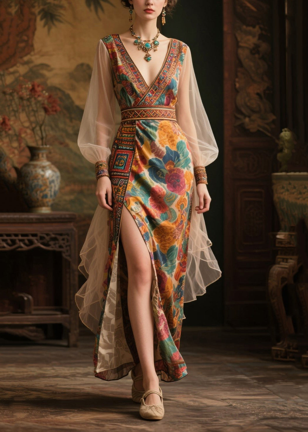 Boutique Khaki Print Side Open Chiffon Dresses Summer