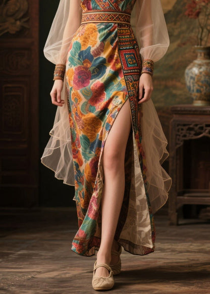 Boutique Khaki Print Side Open Chiffon Dresses Summer