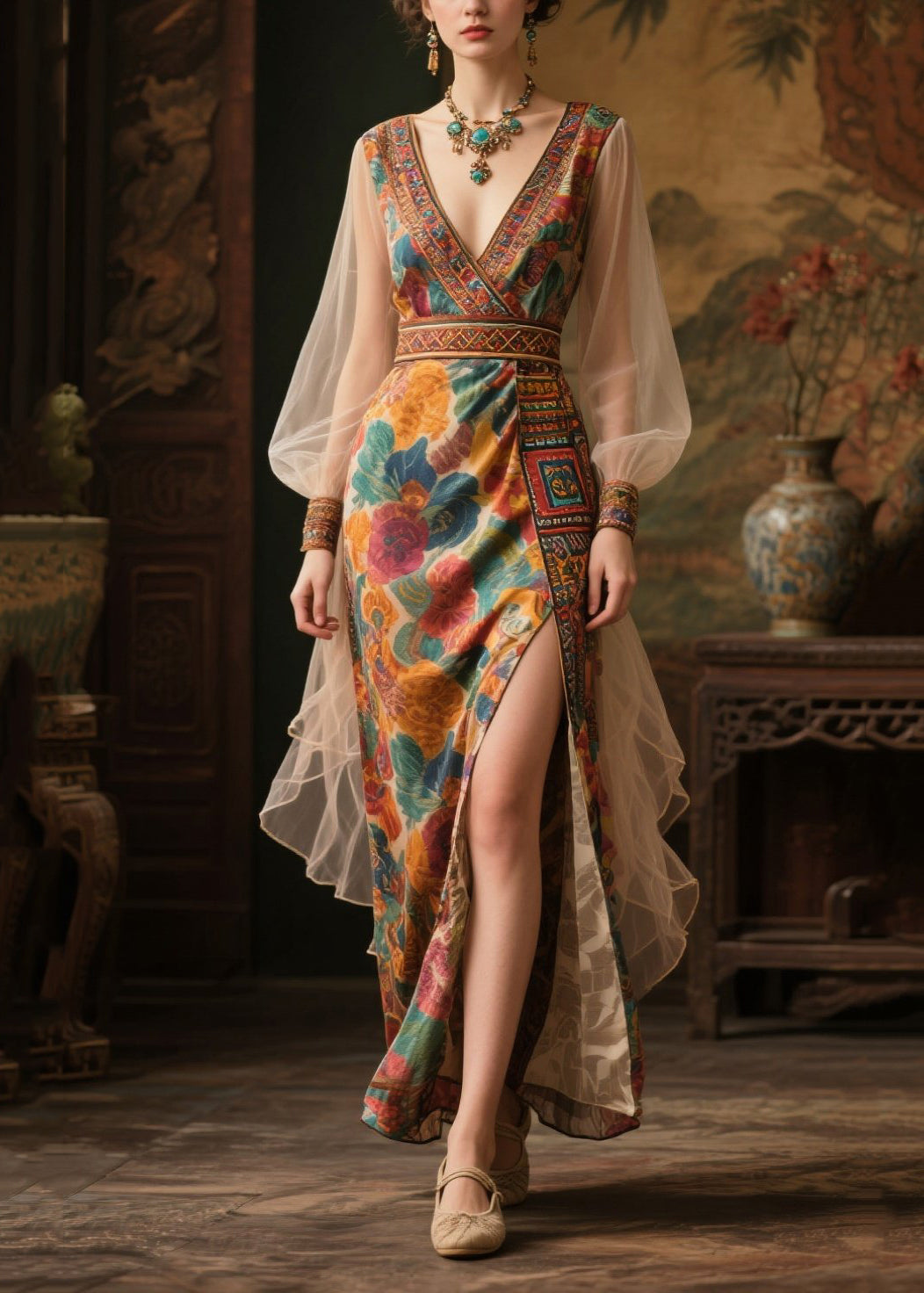 Boutique Khaki Print Side Open Chiffon Dresses Summer