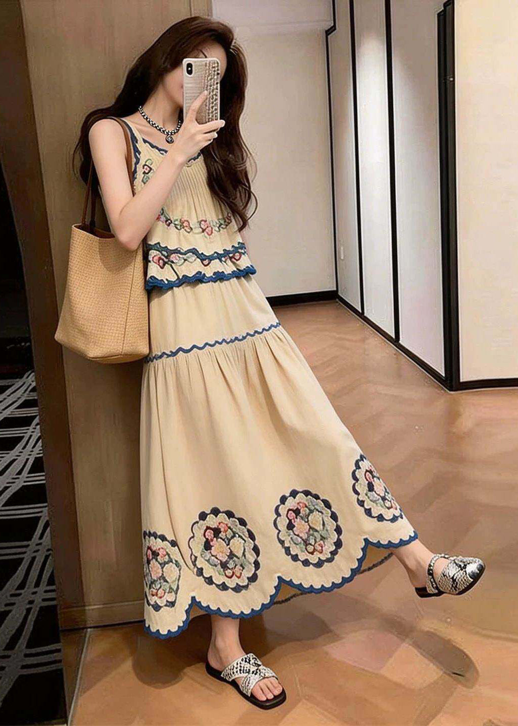 Boutique Khaki Print Wrinkled Cotton Two Pieces Set Summer