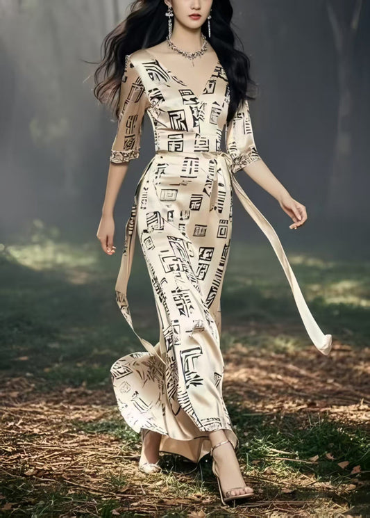 Boutique Khaki Tie Waist Print Silk Long Dresses Half Sleeve