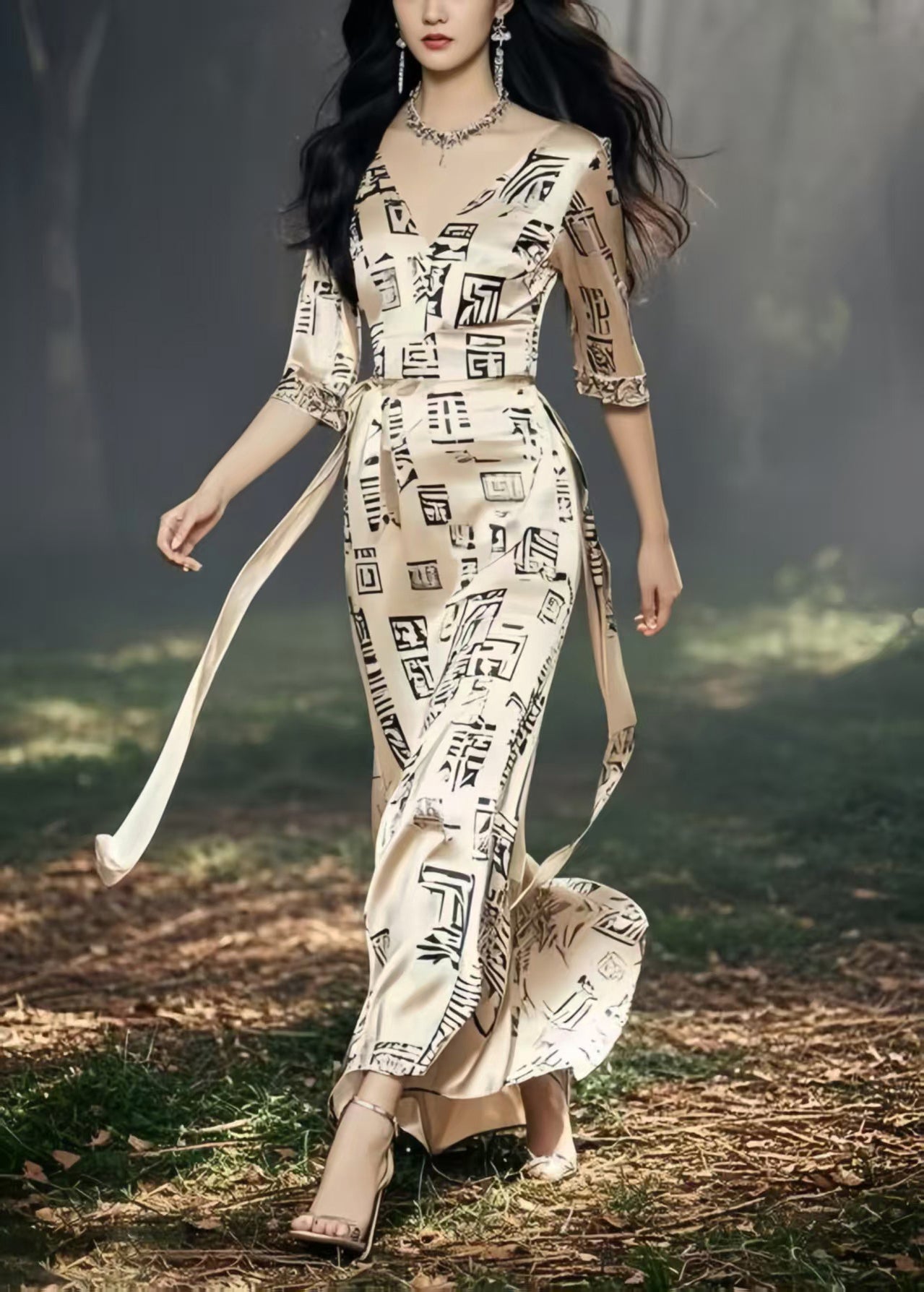 Boutique Khaki Tie Waist Print Silk Long Dresses Half Sleeve