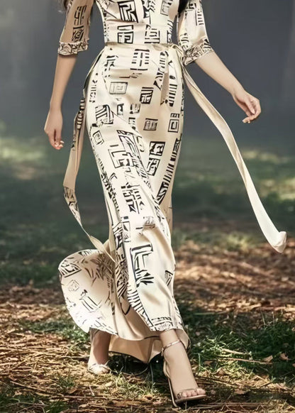Boutique Khaki Tie Waist Print Silk Long Dresses Half Sleeve