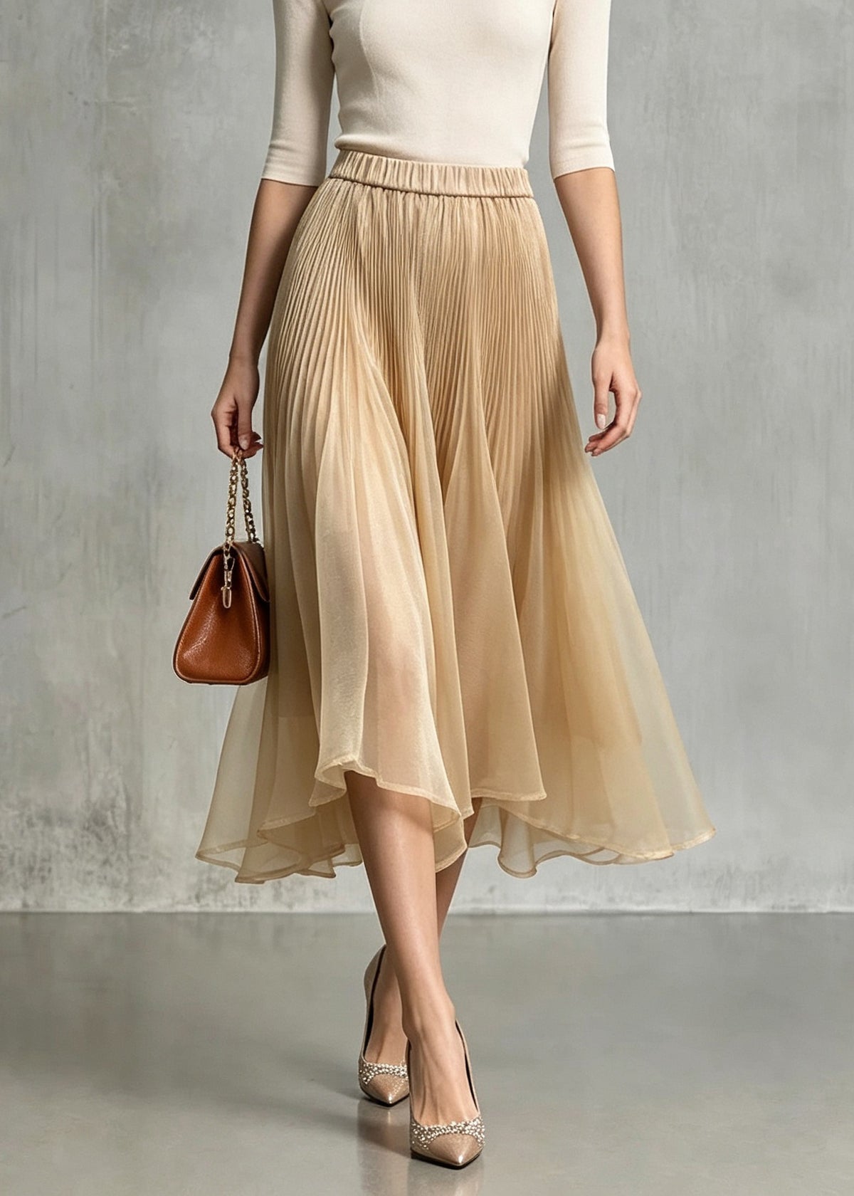 Boutique Khaki Wrinkled Asymmetrical Elastic Waist Tulle Skirt Fall