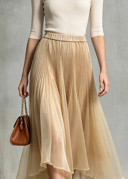 Boutique Khaki Wrinkled Asymmetrical Elastic Waist Tulle Skirt Fall