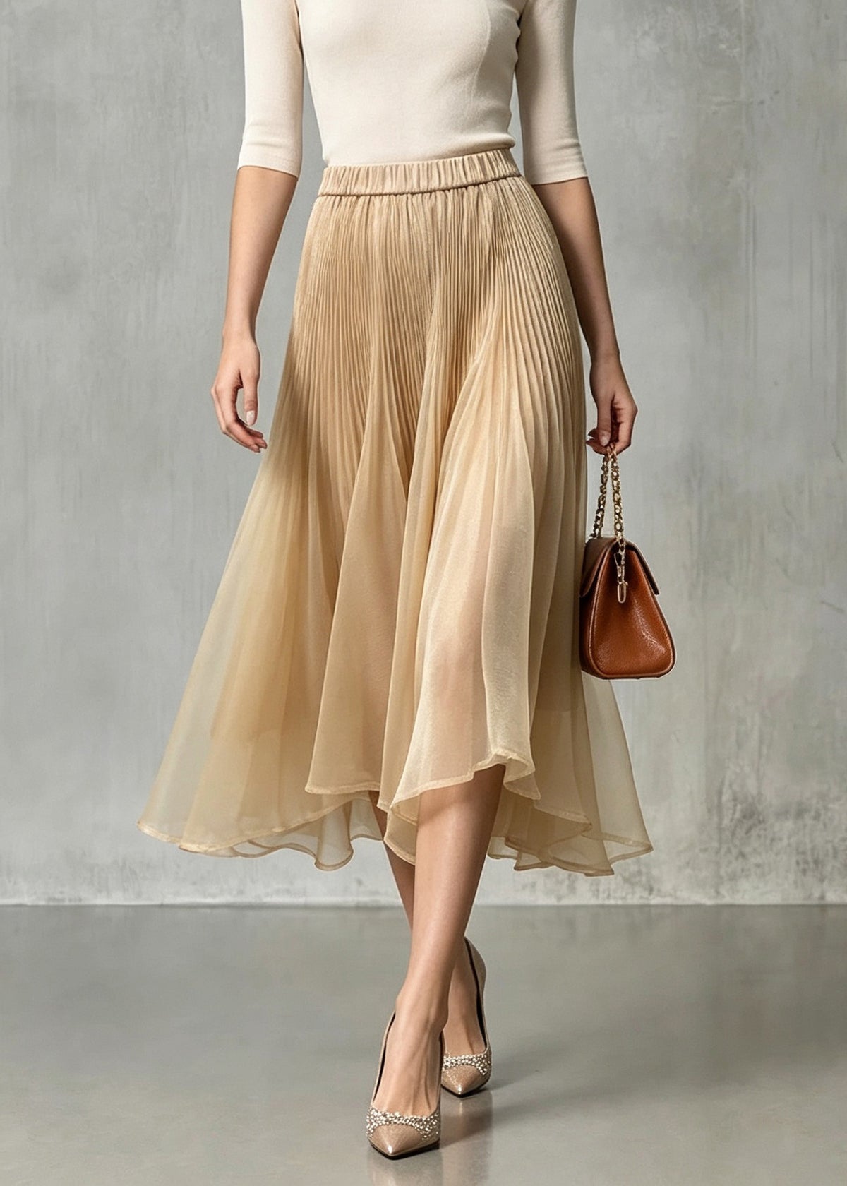 Boutique Khaki Wrinkled Asymmetrical Elastic Waist Tulle Skirt Fall